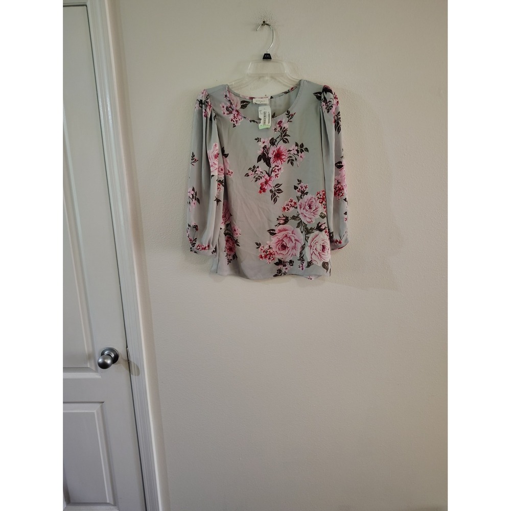 Everly Floral Puff Sleeve Blouse Womens XL Sage Green Pink Rose‎ Crew Neck Top